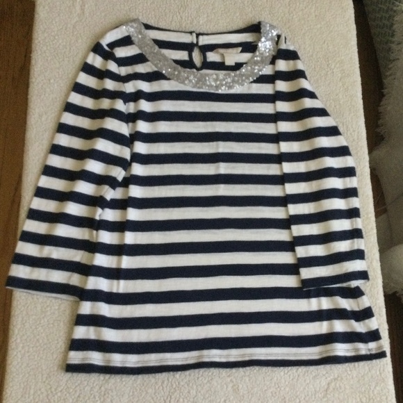 Banana Republic Sequin Collar Striped Tee Navy Blue White - Size Medium - Picture 4 of 13